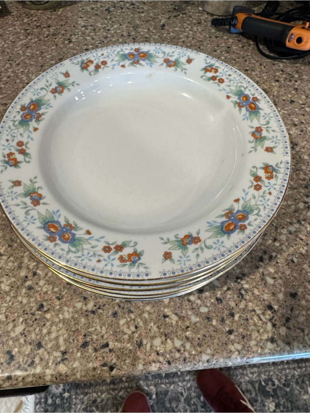 White Dinner Plates with Orange & Blue Floral Border and Gold Rim